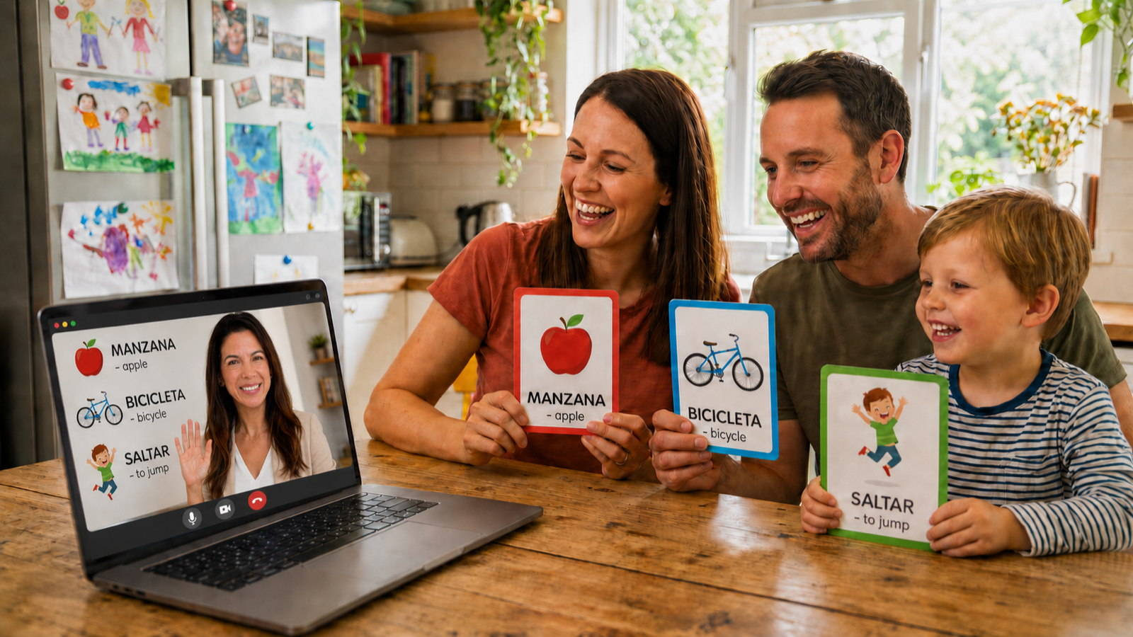 A family learning Spanish together at home with flashcards during an online lesson
