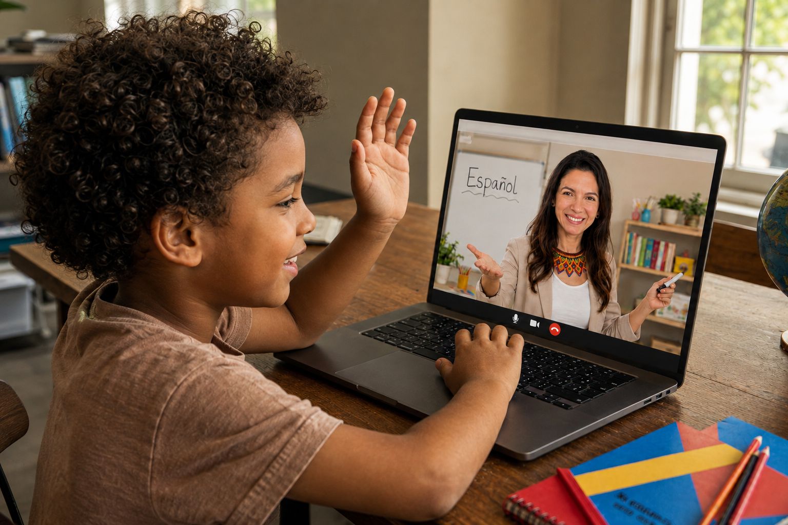 A happy child taking a live online Spanish lesson at home